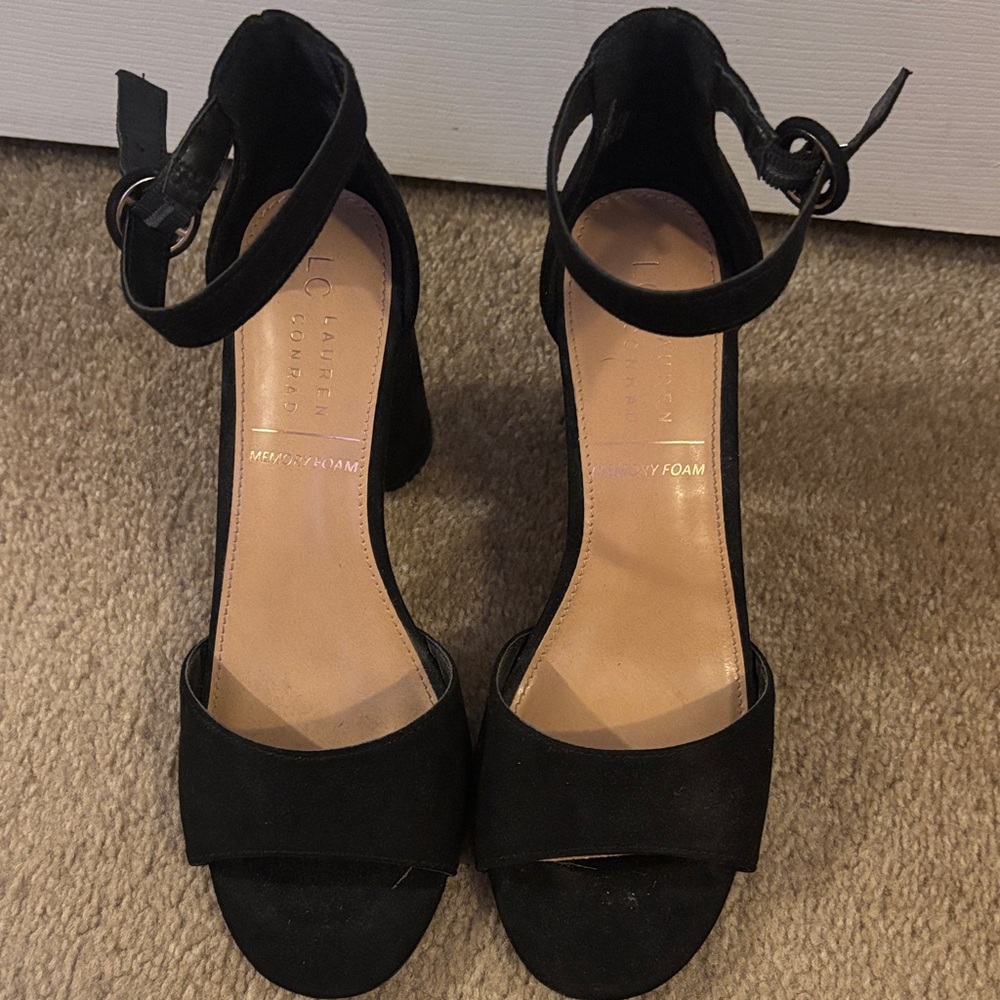 LC Lauren Conrad Black Ankle-Strap Block Heels